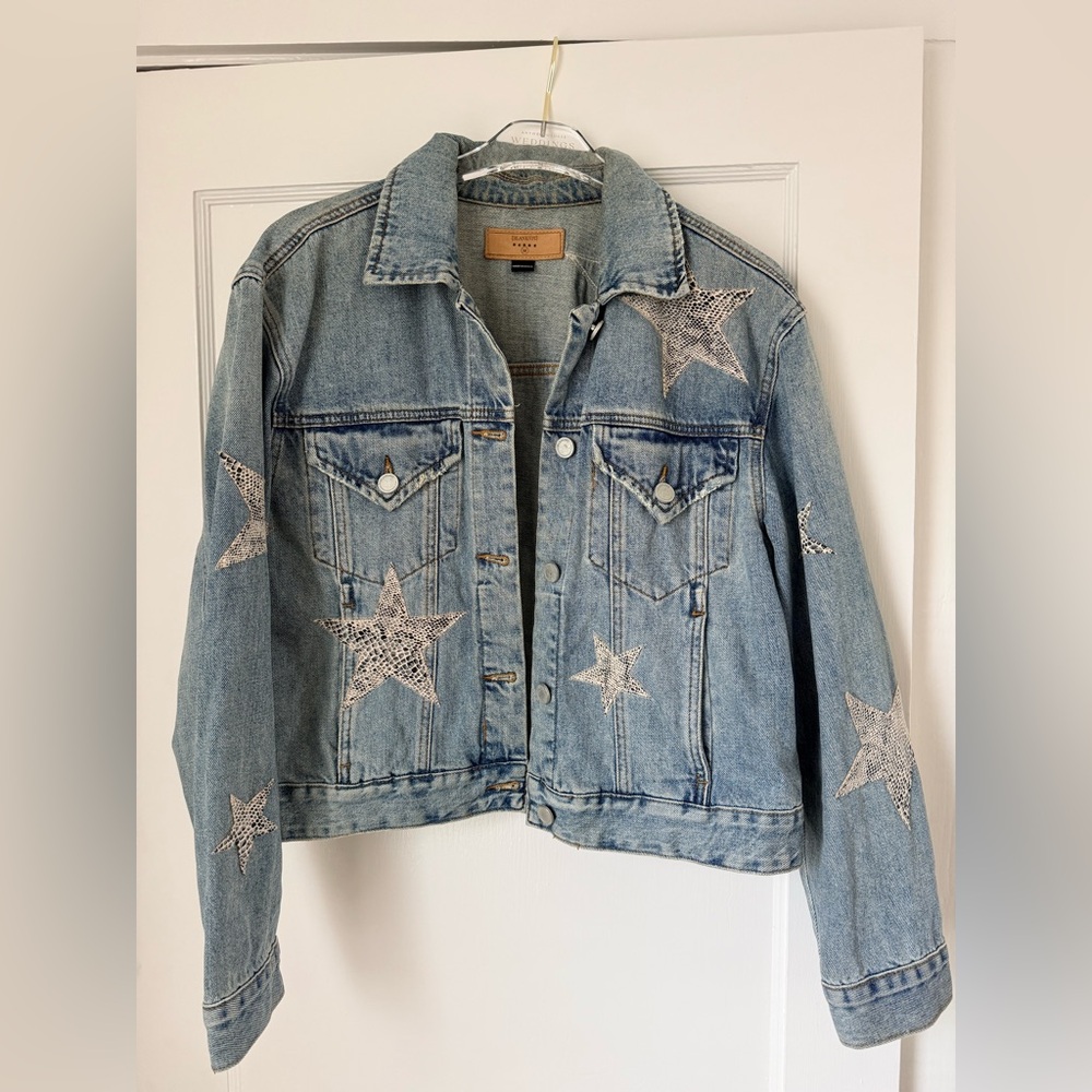 Blank NYC Light Blue Denim Jacket with Snakeskin Stars